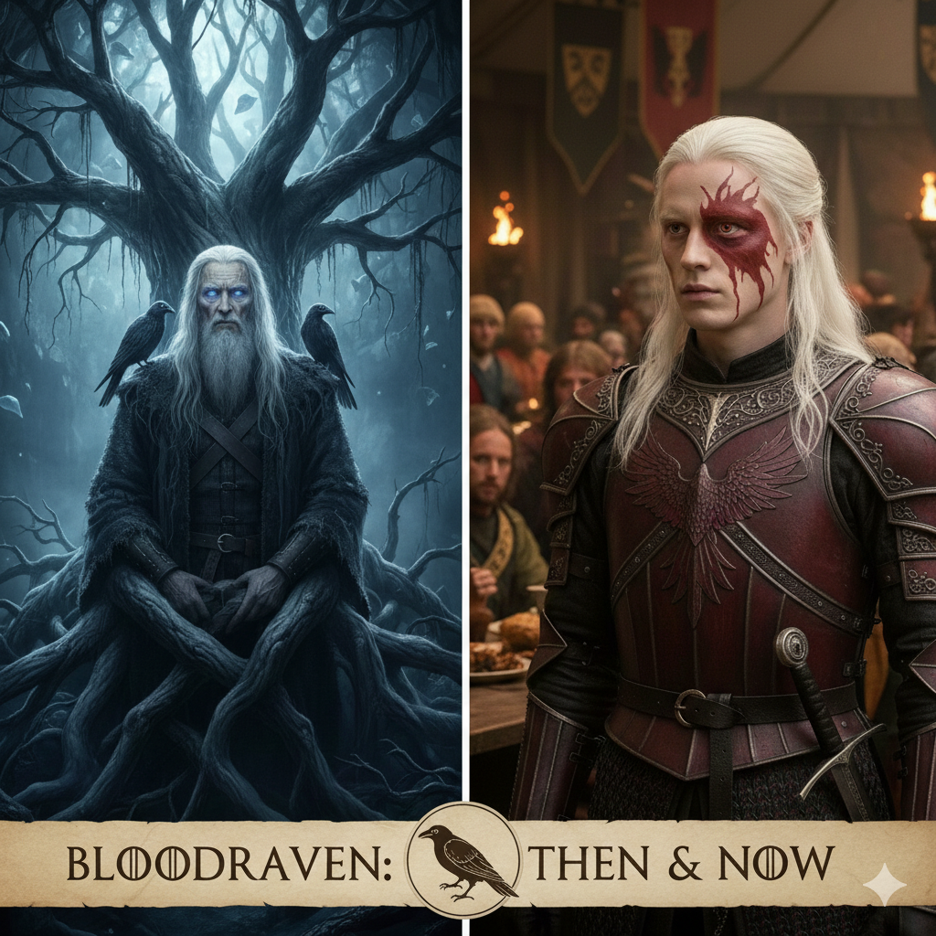 Bloodraven Then and Now comparison; Brynden Rivers Targaryen and the Three-Eyed Raven from Game of Thrones.